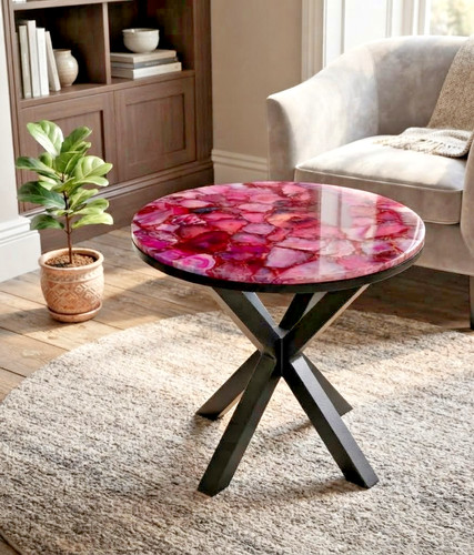 Pink agate round table top - round,